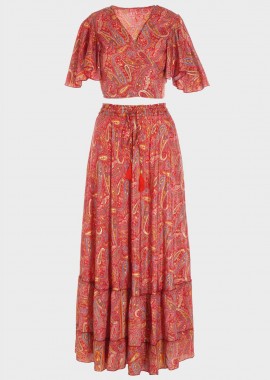gsecret - Σετ ethnic crop top και φούστα all print. ΦΟΥΞΙΑ