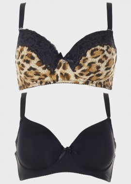 Σουτιέν γυναικείο animal print και basic.Καλύπτει D Cup. Συσκευασία 2 τεμαχίων MULTI COLOUR