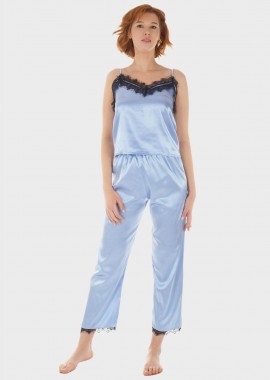 Γυναικείο σετ σατέν τοπ λεπτή τιράντα σόρτς & παντελόνι λεπτομέρειες δαντέλας.Συσκευασία 3pack ΣΙΕΛ