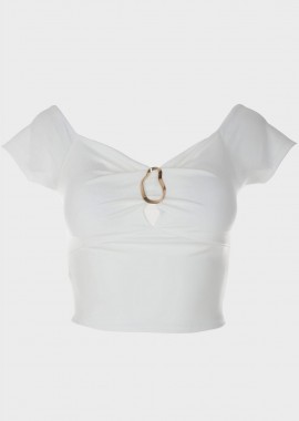 Mπλούζα crop μονόχρωμη με μεταλλική λεπτομέρεια ΛΕΥΚΟ