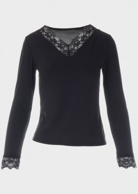 Μπλούζα ελαστική με δαντέλα ΜΑΥΡΟ