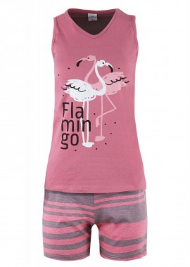 Γυναικείο baby doll fawn στάμπα flamingo αμάνικο all print σόρτς ΡΟΖ