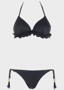 Set bikini τριγωνάκι μονόχρωμο με βολάν. Καλύπτει C Cup. ΜΑΥΡΟ