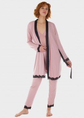 Γυναικεία πιτζάμα τοπ δαντέλα παντελόνι & ζακέτα σατέν φάσα.Συσκευασία 3pack ΣΑΠΙΟ ΜΗΛΟ