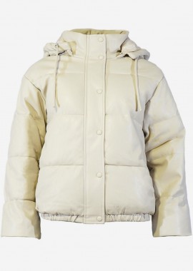 Γυναικείο μπουφάν puffer όψη δερματίνης αποσπώμενη κουκούλα.New Collection ΕΚΡΟΥ