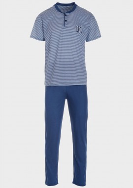 Ανδρική πιτζάμα με ρίγες και παντελόνι μονόχρωμο NAVY