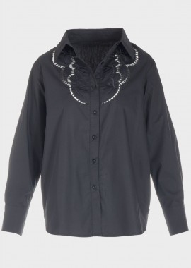 Πουκάμισο γυναικείο μονόχρωμο κιπούρ λεπτομέρειες ΜΑΥΡΟ