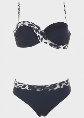 Set bikini strapless με λεπτομέρειες animal print. Kαλύπτει C Cup ΜΑΥΡΟ
