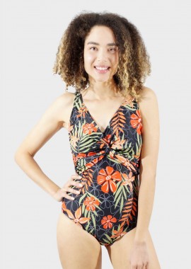 Γυναικείο ολόσωμο μαγιό floral print. Καλύπτει C & D cup. ΜΑΥΡΟ