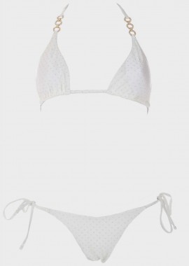 gsecret - Γυναικείο σετ μαγιό bikini τριγωνάκι αποσπώμενη επένδυση διακοσμητικά τρούκς slip παρτό. Καλύπτει B CUP. ΛΕΥΚΟ
