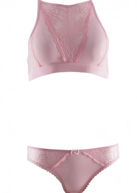 gsecret - Set bralette χωρίς ενίσχυση με δαντέλα ιδιαίτερο σχέδιο στη πλάτη & bikini κανονικό ΡΟΖ