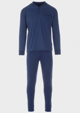 Ανδρική πιτζάμα ρίγες τσεπάκι μονόχρωμο παντελόνι ΜΠΛΕ