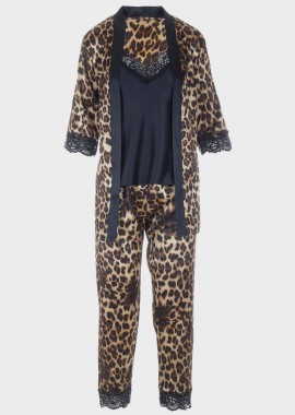 Σετ σατέν πιτζάμα ρόμπα τοπ & παντελόνι animal. Συσκευασία 3pack ANIMAL