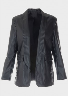 Γυναικείο μονόχρωμο σακάκι δερματίνη ΜΑΥΡΟ