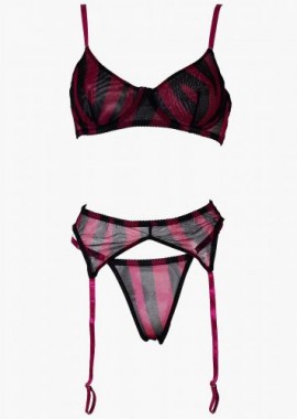 gsecret - Γυναικείο σετ bralette print stripes ζαρτιέρα & string. Συσκευασία 3pack ΜΩΒ