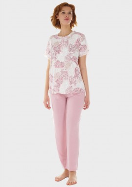 Γυναικείο σετ ανοιξιάτικη πιτζάμα μπλούζα all print παντελόνι μονόχρωμο. ΡΟΖ
