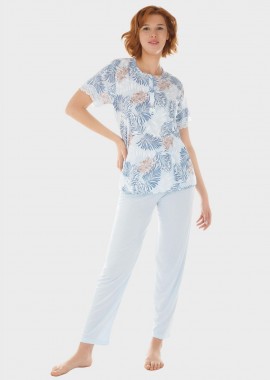 Γυναικείο σετ ανοιξιάτικη πιτζάμα μπλούζα all print παντελόνι μονόχρωμο. ΣΙΕΛ