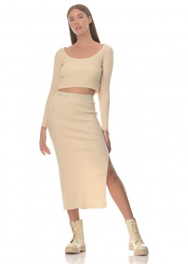 Γυναικείο ρίπ ελαστικό σέτ τοπ-φούστα πλαϊνό σκίσιμο ΜΠΕΖ