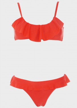 gsecret - Γυναικείο σετ μαγιό bikini μονόχρωμο μπουστάκι με βολάν σλίπ παρτό κανονική γραμμή.Καλύπτει B CUP ΚΟΚΚΙΝΟ