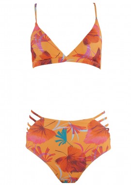 gsecret - Σετ bikini floral με κορδόνια στην πλάτη & ψηλόμεσο bikini. Καλύπτει B cup. ΠΟΡΤΟΚΑΛΙ