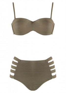 gsecret - Γυναικείο σέτ μαγίο ενίσχυση bikini ψηλόμεσο cut-out. Καλύπτει B cup ΧΑΚΙ