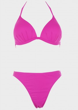 gsecret - Σετ μαγιό bikini τριγωνάκι μονόχρωμο push up ενίσχυση slip ψηλόμεσο.Καλύπτει C-D Cup ΦΟΥΞΙΑ
