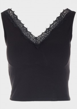 gsecret - Crop top μονόχρωμο ελαστικό με δαντέλα. ΜΑΥΡΟ
