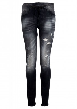 Ανδρικό παντελόνι jean ελαστικό με κουμπιά & σκισίματα. Denim Collection. ΜΑΥΡΟ
