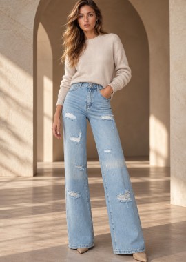 gsecret - Γυναικεία παντελόνα Jean Hight Waist σκισίματα σταθερο ύφασμα. JEAN