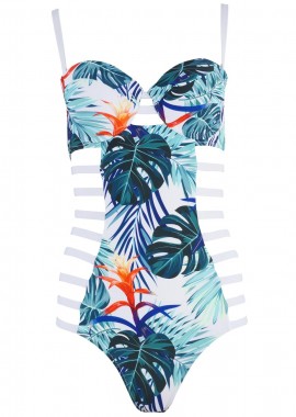Ολόσωμο μαγιό cut-out πλαϊνο print-floral. Καλύπτει B & C cup ΛΕΥΚΟ