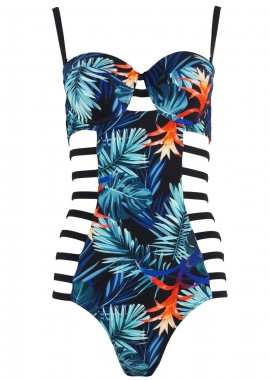 Ολόσωμο μαγιό cut-out πλαϊνο print-floral. Καλύπτει B & C cup ΜΑΥΡΟ