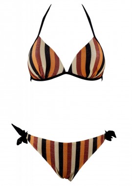 gsecret - Γυναικείο set bikini bra push-up με ρίγες και slip με δέσιμο. Καλύπτει C Cup. COPPER