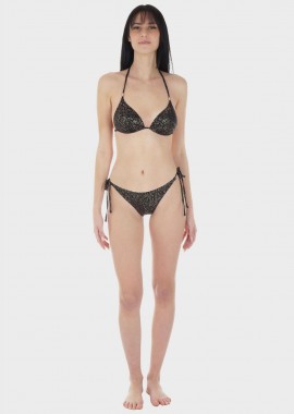 Γυναικείο σετ μαγιό bikini τριγωνάκι ενσωματωμένη push up ενίσχυση χρυσές λεπτομέρειες slip δετό.Καλύπτει B CUP ΜΑΥΡΟ