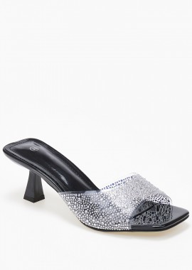 Mules σε καρέ γραμμή με διαφάνεια και στρας - Μαύρο