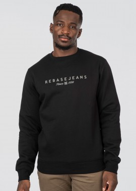 REBASE THIN HIGH DENSITY PRINT BRUSHED FLEECE CREWNECK TOP ΜΑΥΡΟ