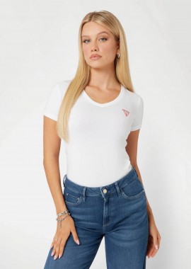 Guess γυναικείο βαμβακερό T-shirt μονόχρωμο με τριγωνικό λογότυπο στο στήθος - W2YI45J1314 Λευκό