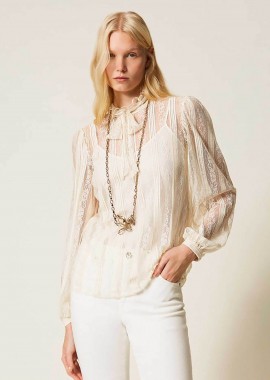 TWINSET - Twinset γυναικεία μπλούζα δαντέλα με φιόγκο - 261TP2541 Εκρού