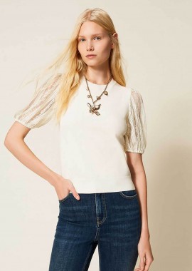 TWINSET - Twinset γυναικεία μπλούζα με μανίκια δαντέλα - 261TP3431 Εκρού