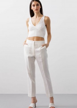 BCBGMAXAZRIA - BCBGMAXAZRIA γυναικείο cigarette παντελόνι λινό - 23SRP106LI03 Λευκό