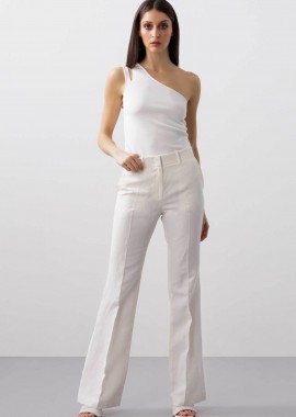 BCBGMAXAZRIA - BCBGMAXAZRIA γυναικείο παντελόνι flare με λινό - 23SRP216LI02 Λευκό