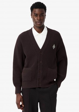 Lacoste ανδρική πλεκτή ζακέτα ribbed με V και κεντημένο λογότυπο Relaxed Fit - AH0611-00 Καφέ Σκούρο