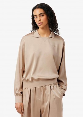LACOSTE - Lacoste γυναικεία μπλούζα πόλο με σατέν όψη Relaxed Fit - CF9802 Μπεζ