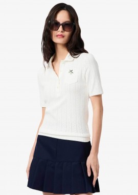 Lacoste γυναικεία πλεκτή μπλούζα πόλο με διάτρητο κεντητό σχέδιο Slim Fit - DF5296-00 Λευκό