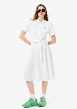 LACOSTE - Lacoste γυναικείο midi φόρεμα πόλο σεμιζιέ πικέ με κεντημένο λογότυπο Flared Cut - EF9621-00 Λευκό