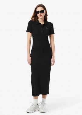 LACOSTE - Lacoste γυναικείο midi φόρεμα πόλο ribbed με κεντημένο λογότυπο Slim Fit - EF9622-00 Μαύρο