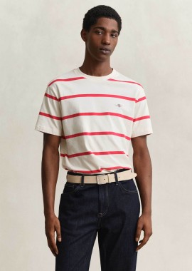 GANT - Gant ανδρικό T-shirt με ριγέ σχέδιο και κεντημένο λογότυπο Regular Fit - 2003398 Εκρού