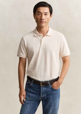 GANT - Gant ανδρική μπλούζα πόλο textured με ton-sur-ton ριγέ σχέδιο και λογότυπο Regular Fit - 2014096 Εκρού