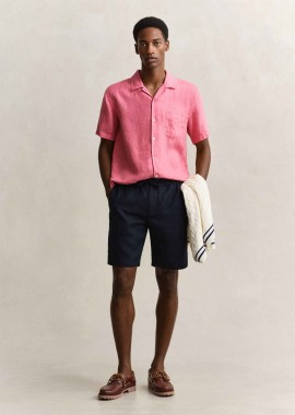 GANT - Gant ανδρική λινή βερμούδα με ελαστική μέση Regular Fit - 205610 Μπλε Σκούρο
