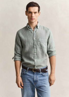 GANT - Gant ανδρικό λινό πουκάμισο button down με τσέπη και κεντημένο λογότυπο Regular Fit - 3240120 Γκρι Γαλάζιο