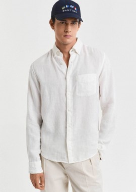 Gant ανδρικό λινό πουκάμισο button down με τσέπη και κεντημένο λογότυπο Regular Fit - 3240120 Λευκό